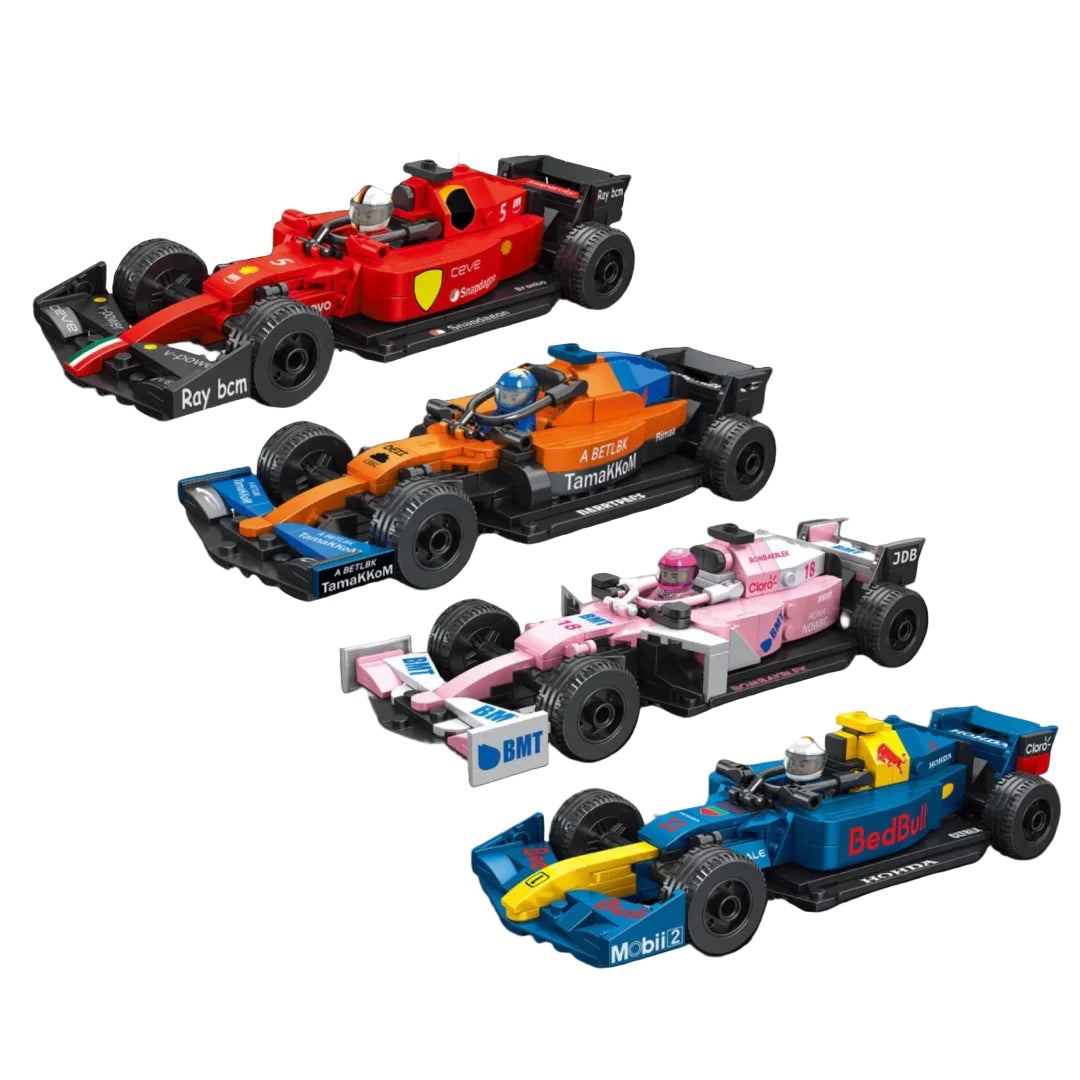 Cuatro miniaturas de Fórmula 1 + cuatro pilotos (Ferrari SF90, McLaren, Force India VJM10, Red Bull RB16B)