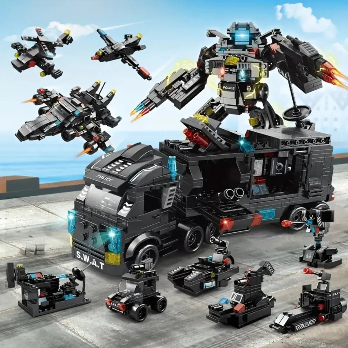 Kit SWAT Completo 3 en 1 – Camión, Helicóptero y Robot Transformable (51 Juguetes)