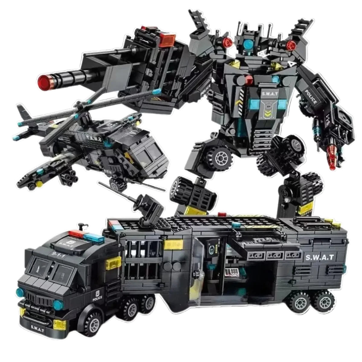 Kit SWAT Completo 3 en 1 – Camión, Helicóptero y Robot Transformable (51 Juguetes)