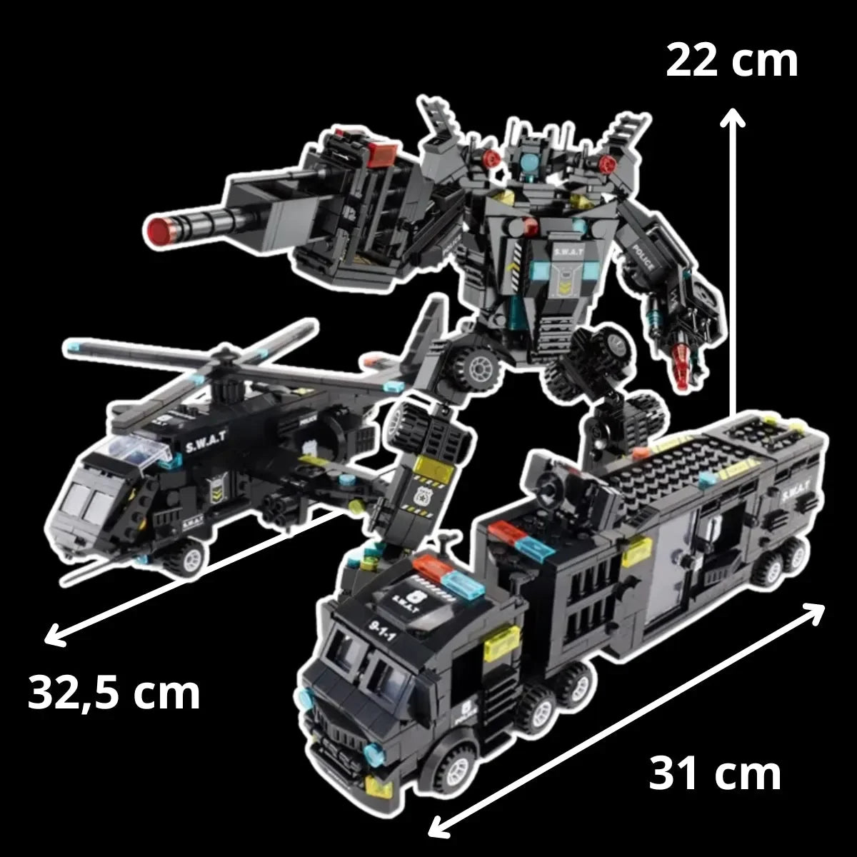 Kit SWAT Completo 3 en 1 – Camión, Helicóptero y Robot Transformable (51 Juguetes)