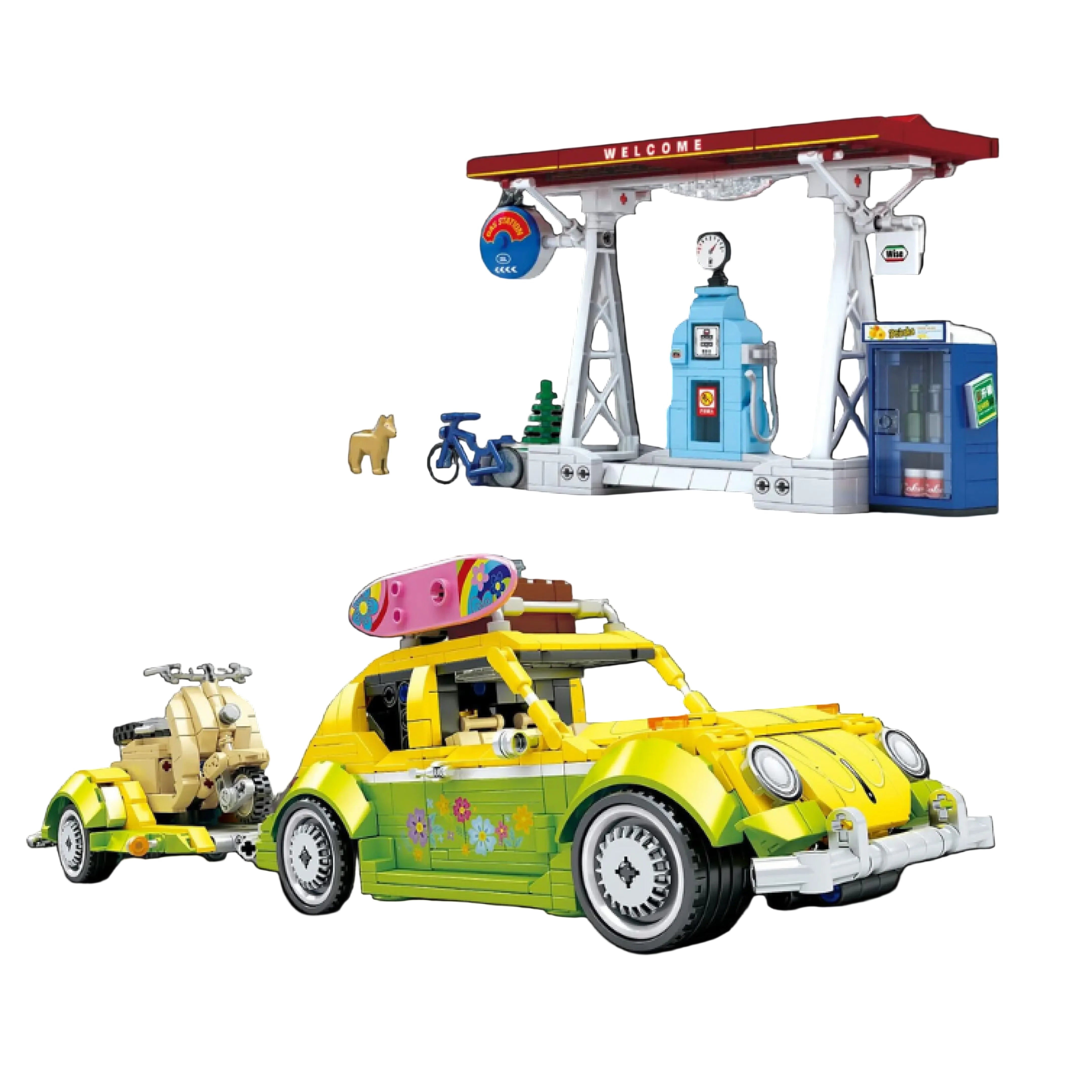 Escarabajo Hippie + Moto + Gasolinera (1409 piezas) - Set de Bloques