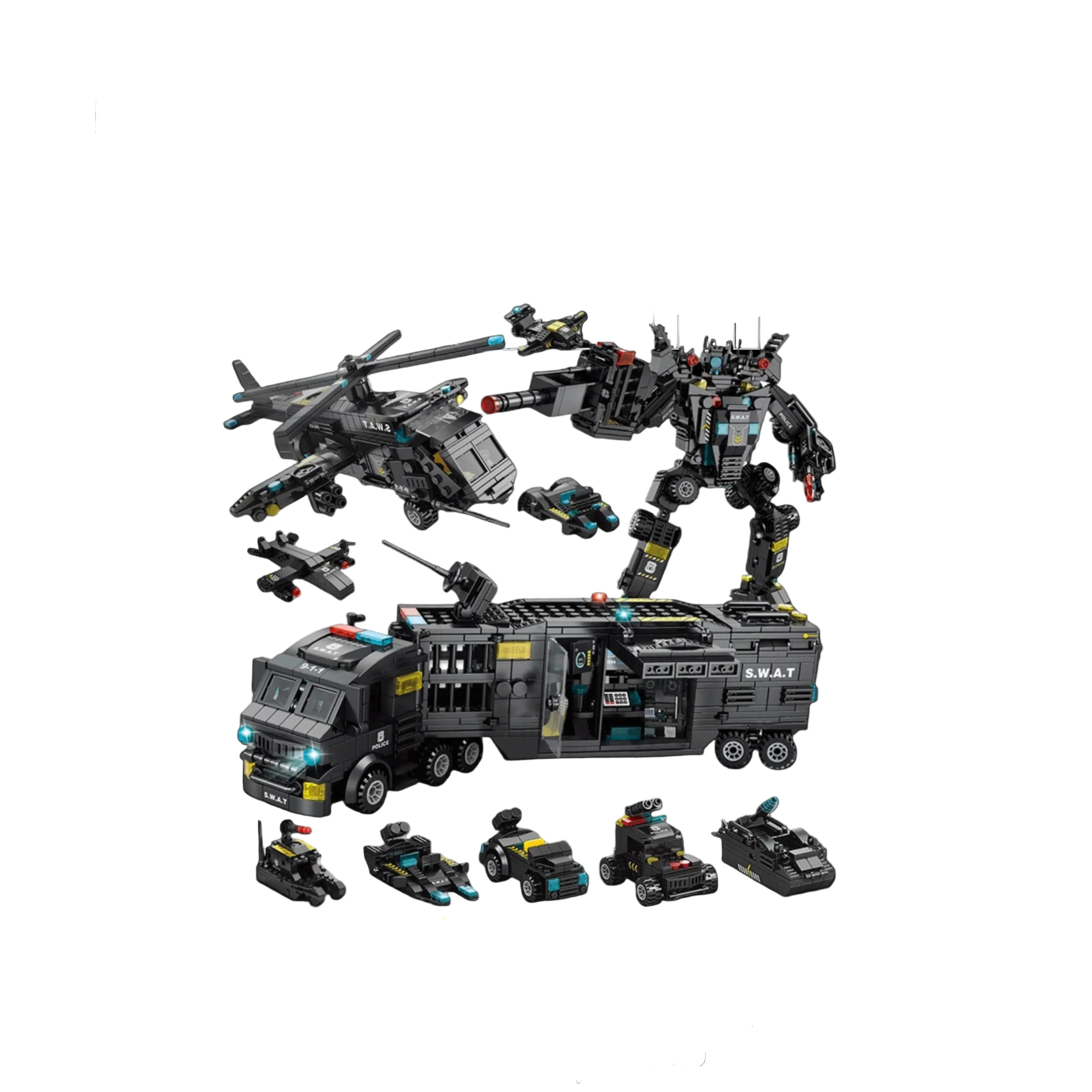 Kit SWAT Completo 3 en 1 – Camión, Helicóptero y Robot Transformable (51 Juguetes)